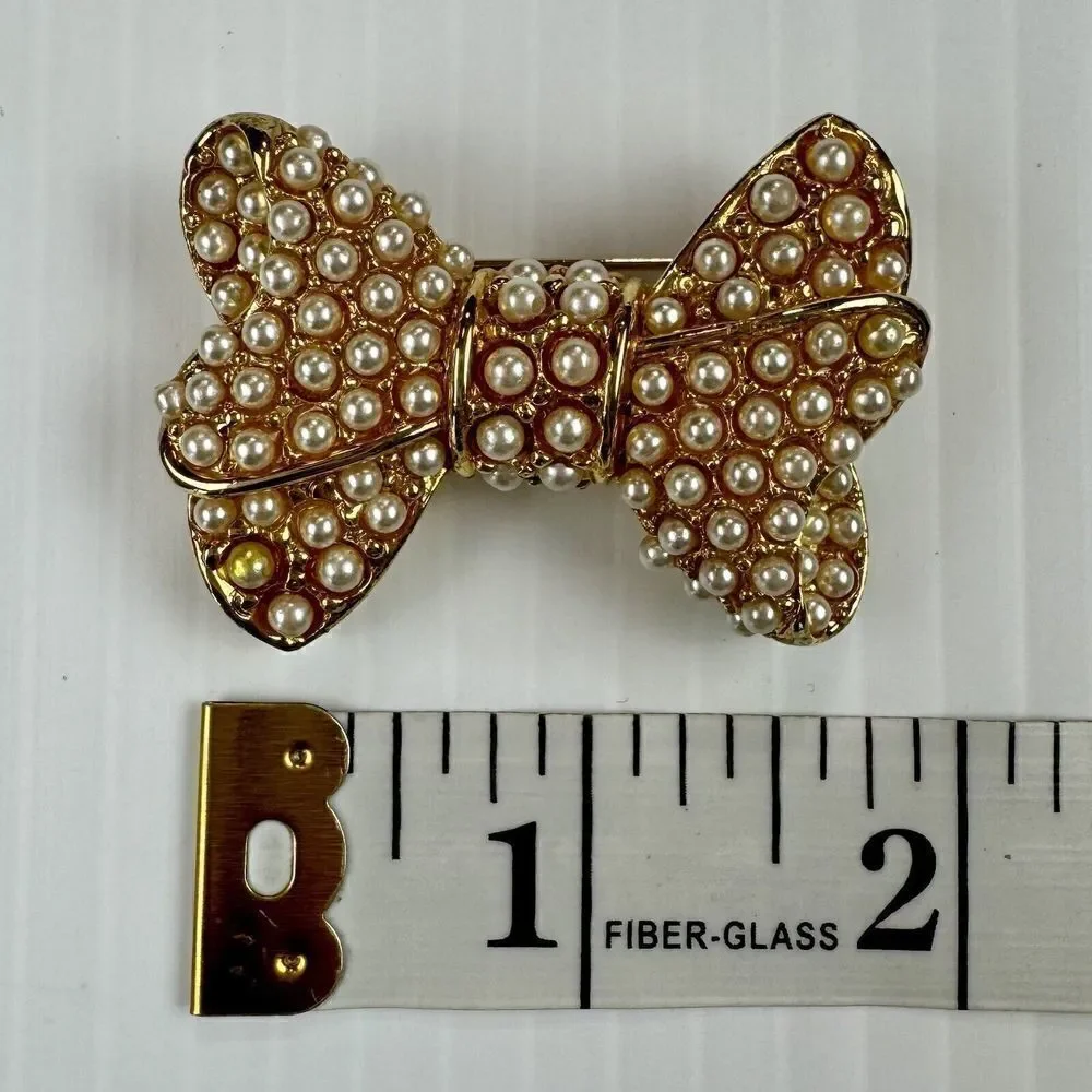 Vintage Faux Pearl Bow Brooch Gold Tone Coquette Ribbon Statement Pin Gift
